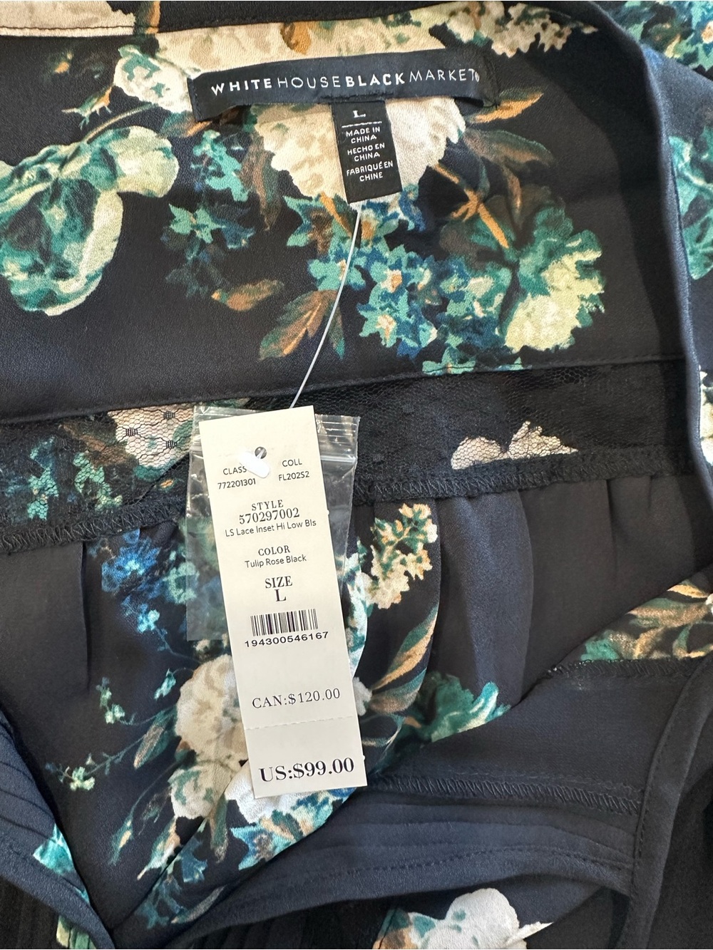 White House Black Market Black Floral Pintuck Peasant Top - Picture 3 of 3